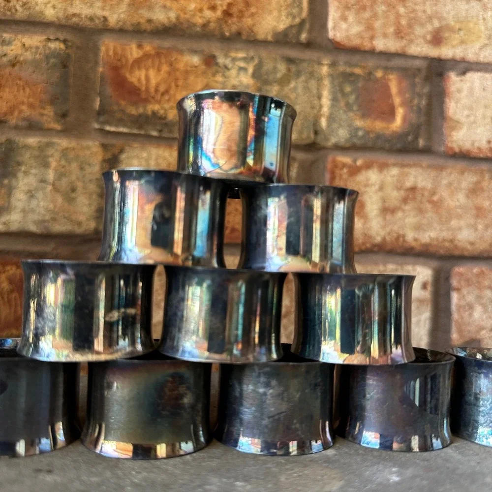 Vintage Silverplate Napkin Rings Set of 12 Concave Tarnish Patina Silver Tone